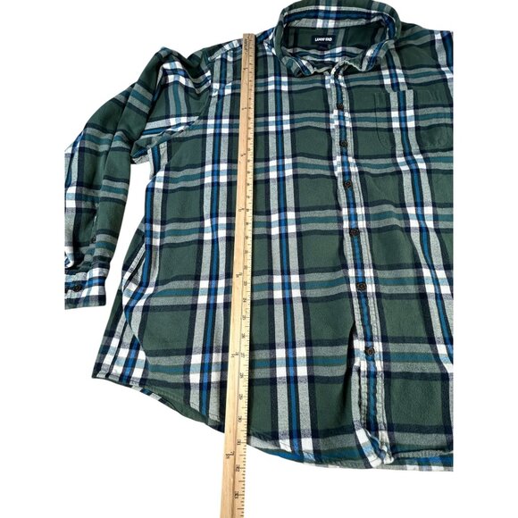 Lands End Flannel Shirt Green White Blue Plaid Men's 3XL/T Long Sleeve Buttons - Picture 5 of 10